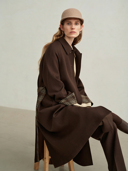 Vivienne | Merino Plaid-Cuff Long Coat | Single-Breasted Coat with Raglan Sleeves & Plaid Turn-Back Cuffs