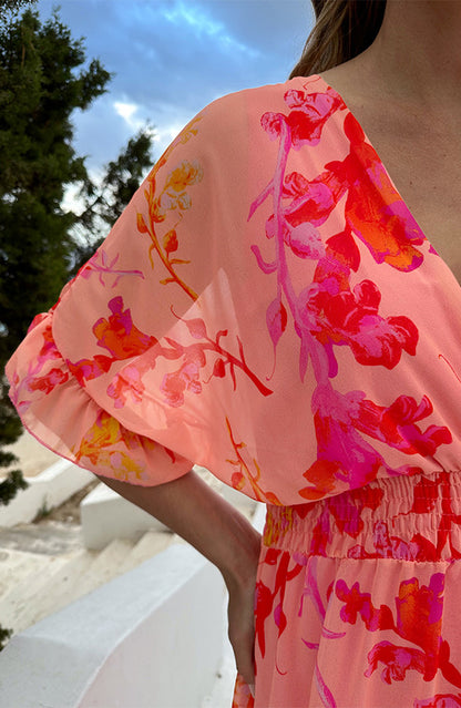 Peach Blossom Deep V-Neck Floral Maxi Dress - Front View