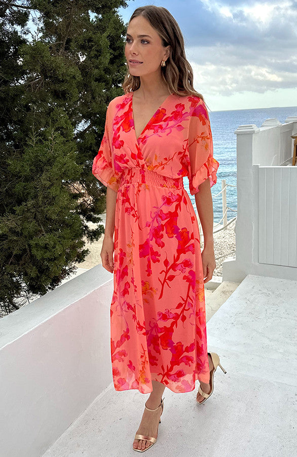 Peach Blossom Deep V-Neck Floral Maxi Dress - Back View