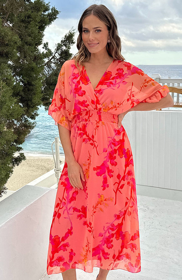 Peach Blossom Deep V-Neck Floral Maxi Dress - Detail