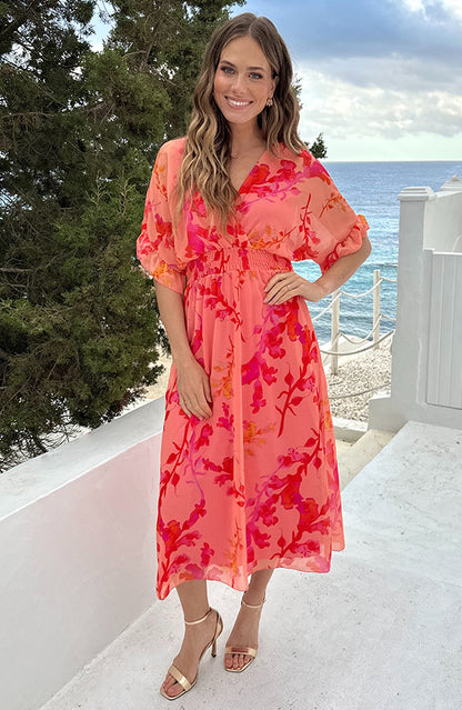 Peach Blossom Deep V-Neck Floral Maxi Dress - Style 6