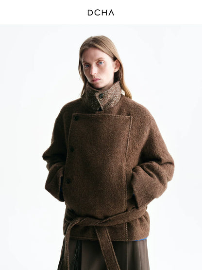 Aurelia | Asymmetric Belted Short Coat | Merino Wool Hip-Length Coat with Herringbone Detail