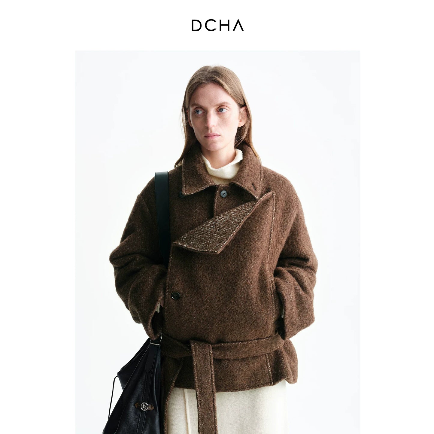 Aurelia | Asymmetric Belted Short Coat | Merino Wool Hip-Length Coat with Herringbone Detail