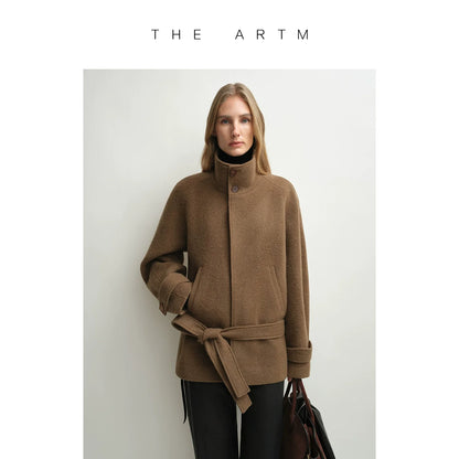 Sienna | Stand-Collar Alpaca Wool Coat | Belted Hip-Length Short Coat with Saddle-Shoulder Sleeves