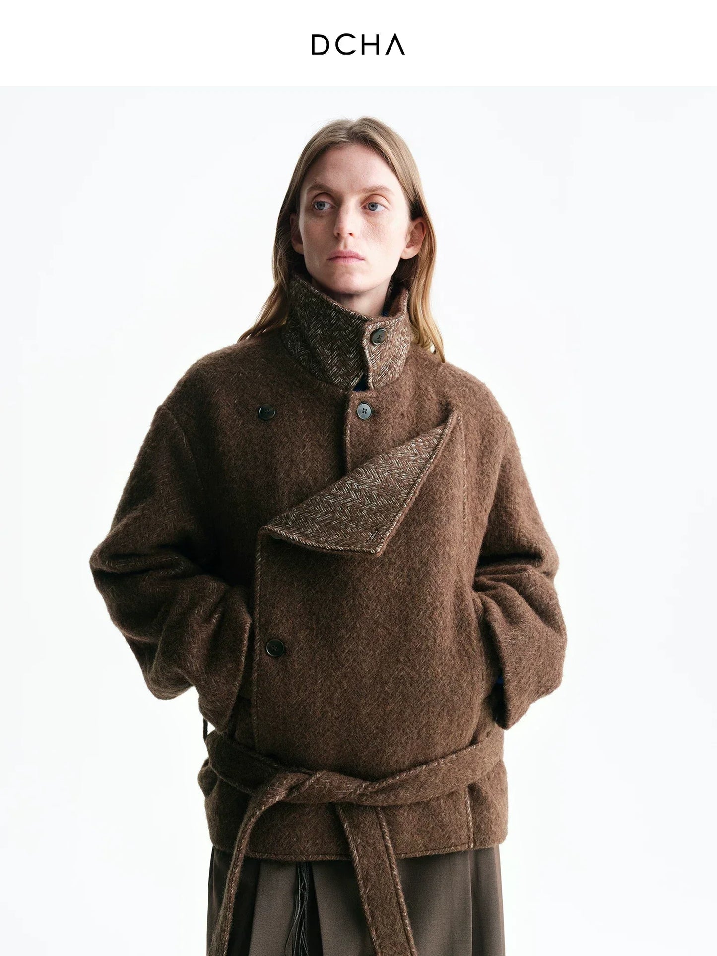 Aurelia | Asymmetric Belted Short Coat | Merino Wool Hip-Length Coat with Herringbone Detail