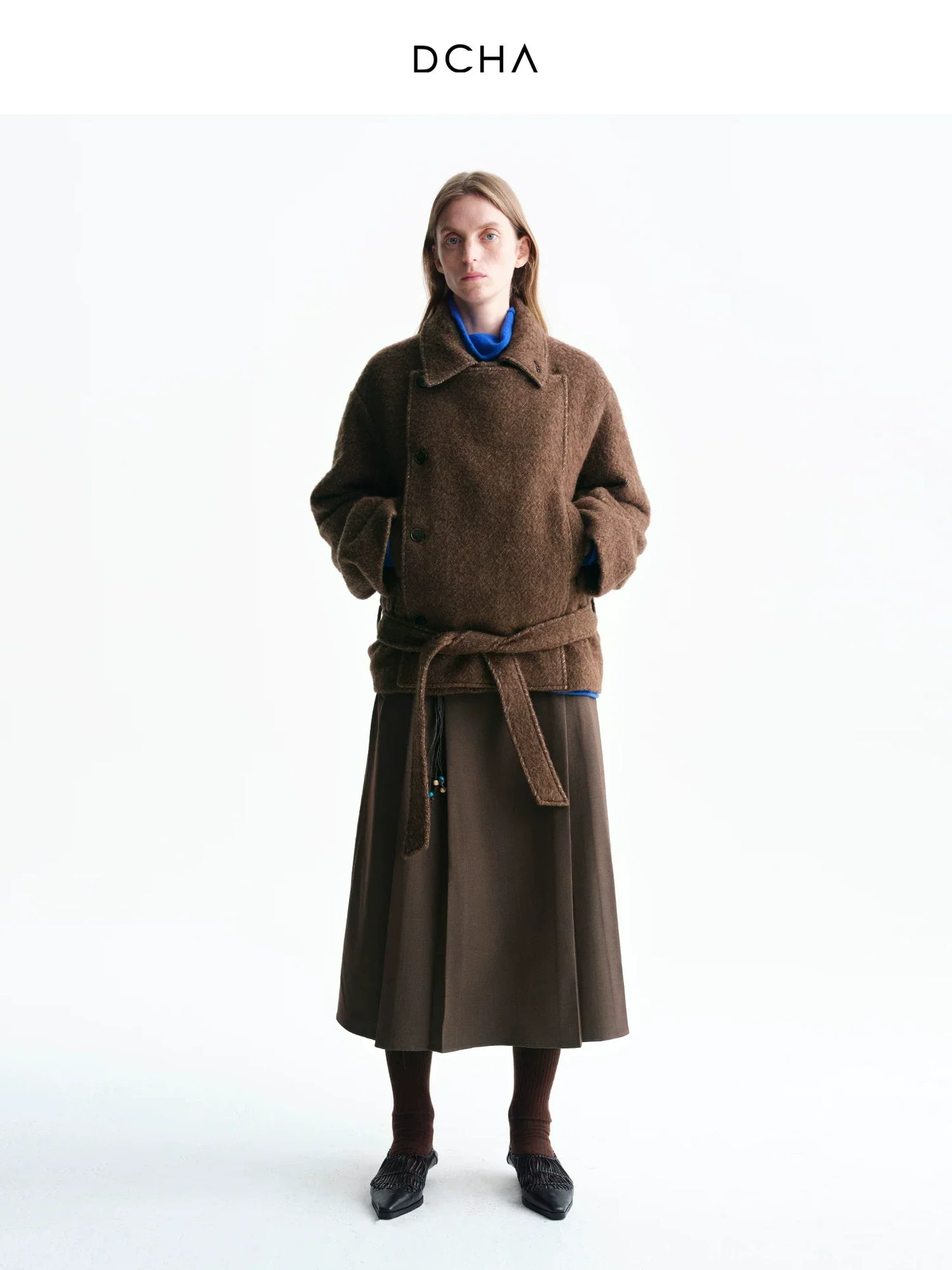 Aurelia | Asymmetric Belted Short Coat | Merino Wool Hip-Length Coat with Herringbone Detail