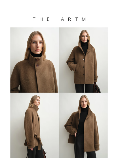 Sienna | Stand-Collar Alpaca Wool Coat | Belted Hip-Length Short Coat with Saddle-Shoulder Sleeves