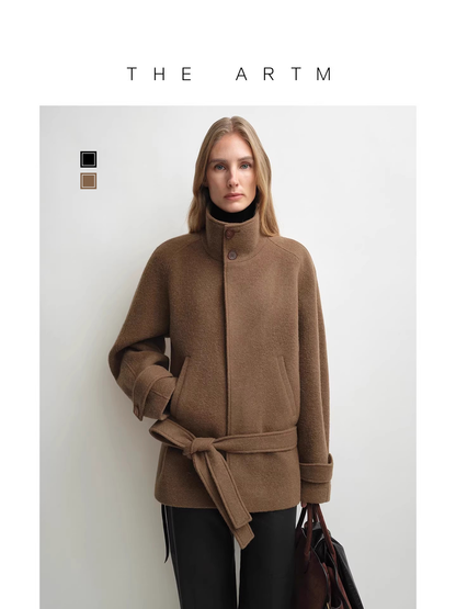 Sienna | Stand-Collar Alpaca Wool Coat | Belted Hip-Length Short Coat with Saddle-Shoulder Sleeves