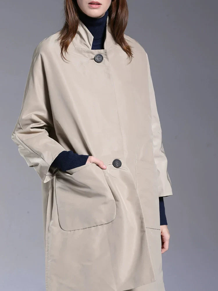Simone | Mid-Length Beige Trench Coat | Stand-Collar Coat with Oversized Patch Pockets
