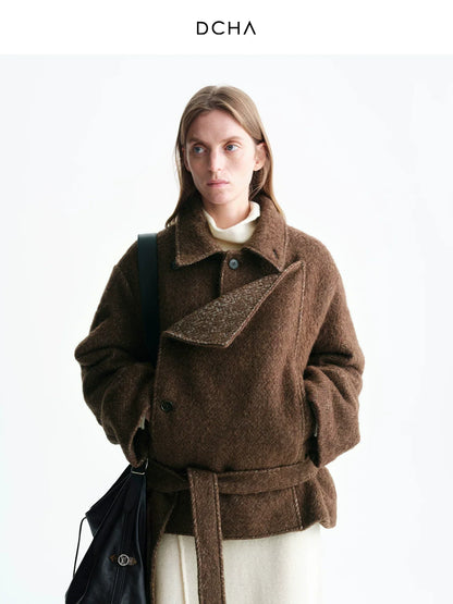 Aurelia | Asymmetric Belted Short Coat | Merino Wool Hip-Length Coat with Herringbone Detail