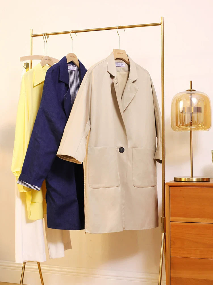 Simone | Mid-Length Beige Trench Coat | Stand-Collar Coat with Oversized Patch Pockets