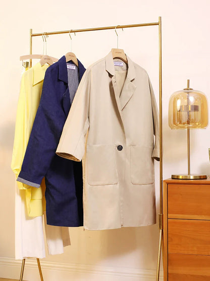 Simone | Mid-Length Beige Trench Coat | Stand-Collar Coat with Oversized Patch Pockets