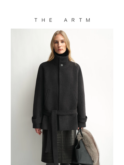 Sienna | Stand-Collar Alpaca Wool Coat | Belted Hip-Length Short Coat with Saddle-Shoulder Sleeves