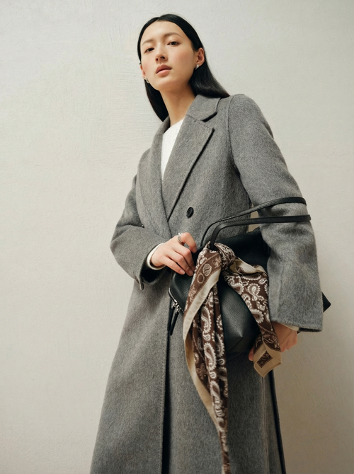 Helena | Heather Grey Overcoat | Belted Double-Breasted Long Coat with Notch Lapels
