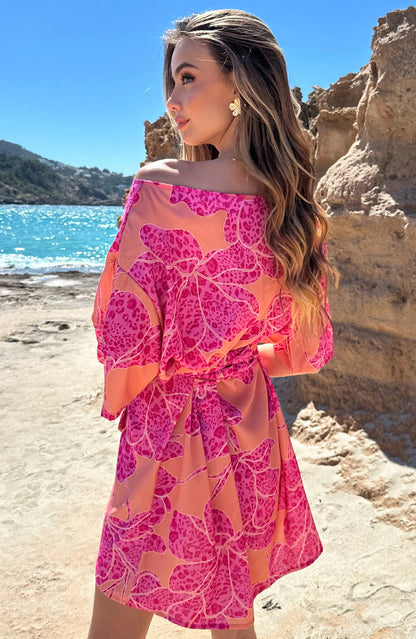 Coral Pink One-Shoulder Floral Midi Dress - Side View