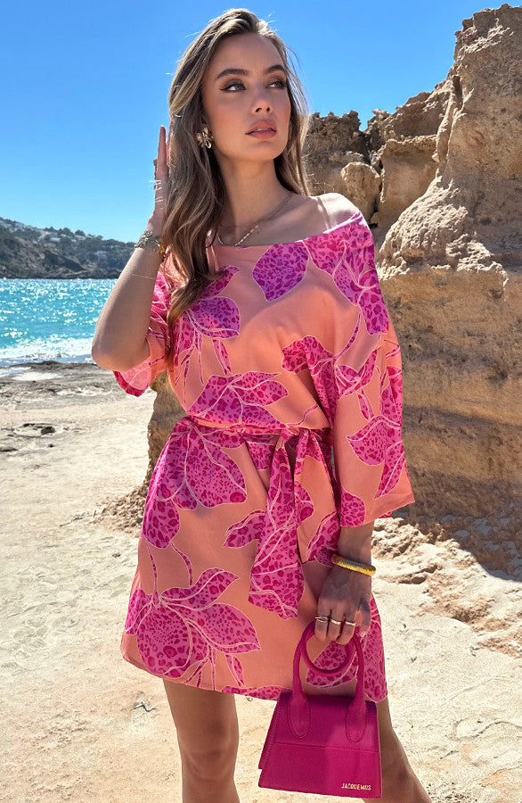 Coral Pink One-Shoulder Floral Midi Dress - Style 5
