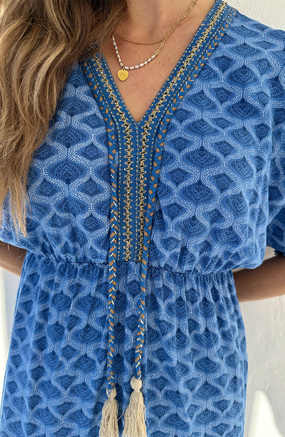 Maris Cobalt Blue Lurex Gold Print Midi Dress - Front View