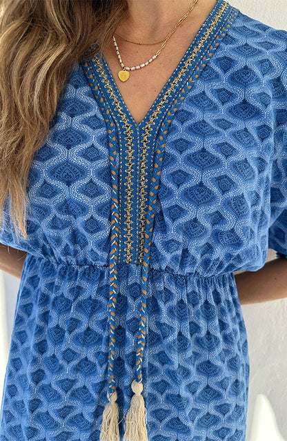 Maris Cobalt Blue Lurex Gold Print Midi Dress - Front View