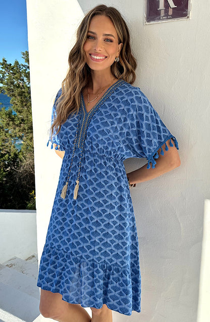 Maris Cobalt Blue Lurex Gold Print Midi Dress - Side View