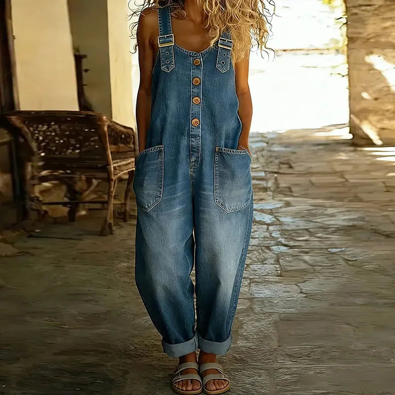 Florence | Vintage Soft Cotton Denim Adjustable-Strap Wide-Leg Jumpsuit