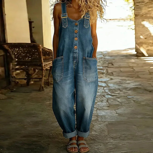 Florence | Vintage Soft Cotton Denim Adjustable-Strap Wide-Leg Jumpsuit
