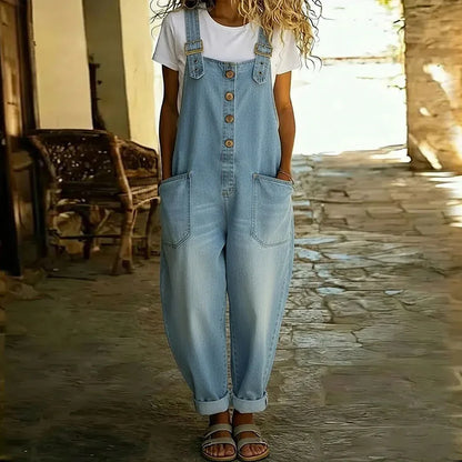 Florence | Vintage Soft Cotton Denim Adjustable-Strap Wide-Leg Jumpsuit