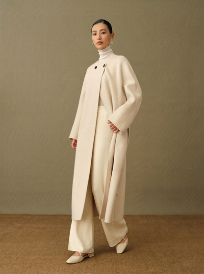 Colette | Detachable Scarf-Collar Wool Coat | Belted Long Coat in Double-Faced Merino & Camel Down