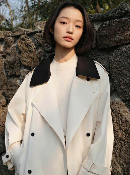 Claudette Contrast Collar Trench Coat - Belt Detail