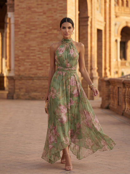 Olivia Halter Neck Cinched Waist Flowy Midi Dress | Norella Boutique Boston