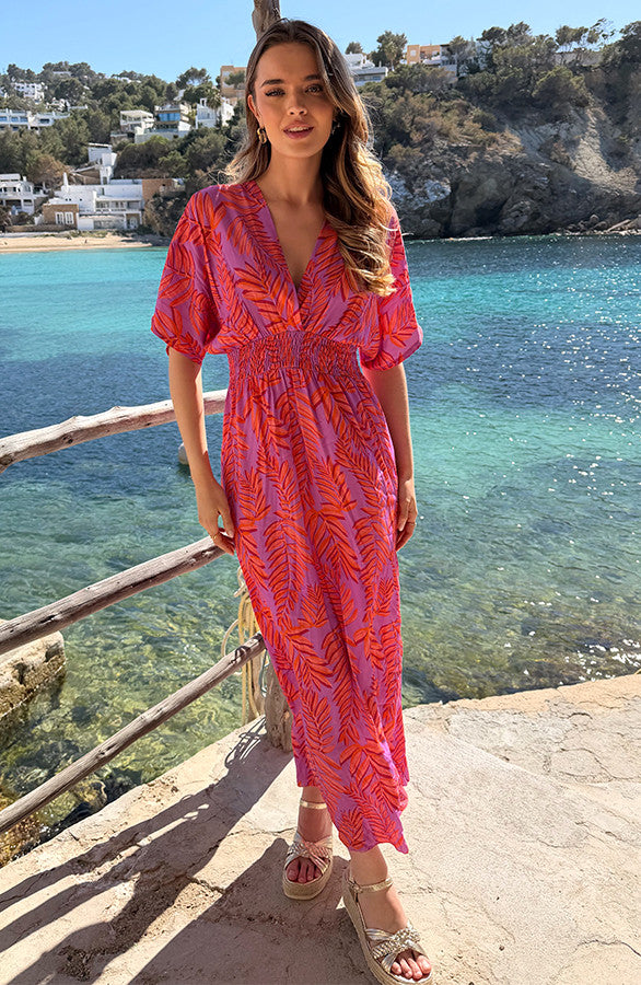 Anouk Orange Leaf Print V-Neck Maxi Dress - Style 5