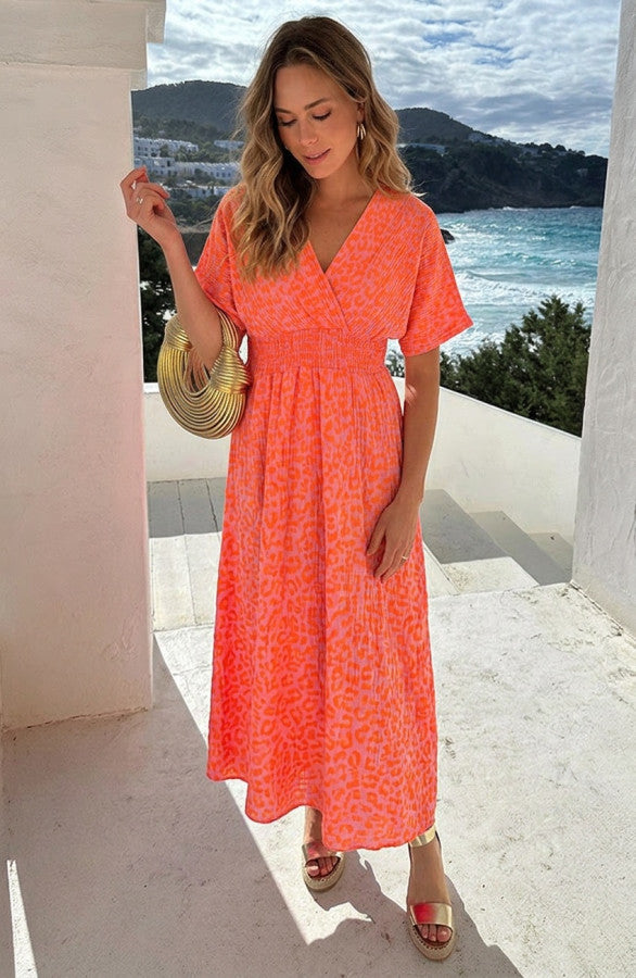 Neon Orange V-Neck Maxi Print Dress - Side View