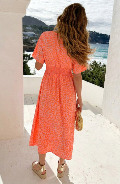 Neon Orange V-Neck Maxi Print Dress - Detail