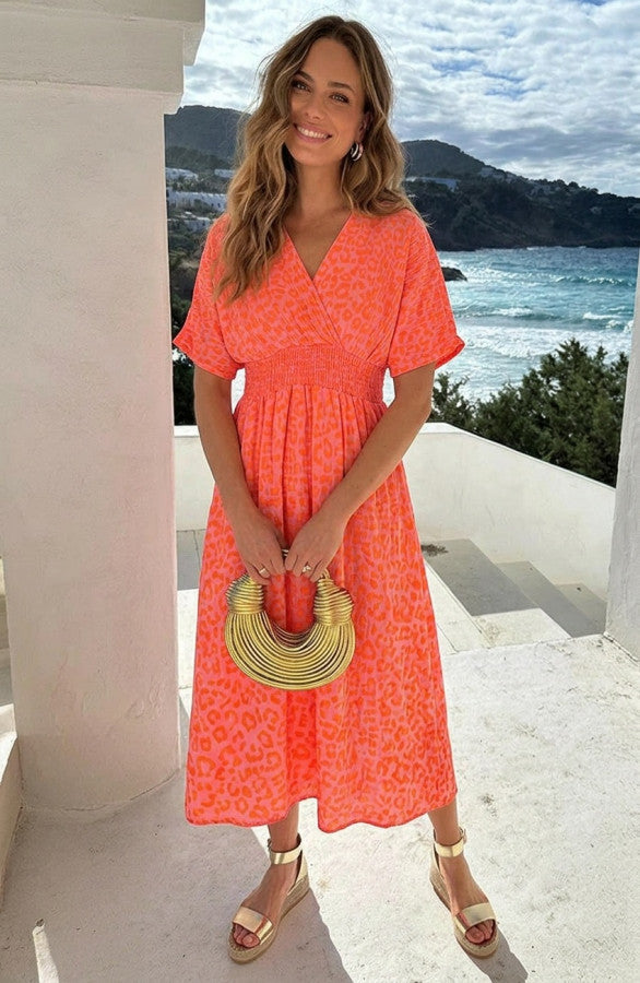 Neon Orange V-Neck Maxi Print Dress - Back