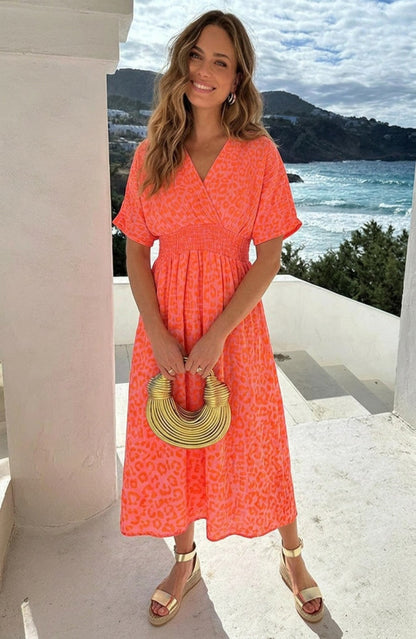 Neon Orange V-Neck Maxi Print Dress - Back