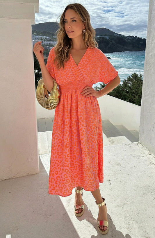 Neon Orange V-Neck Maxi Print Dress - Front View