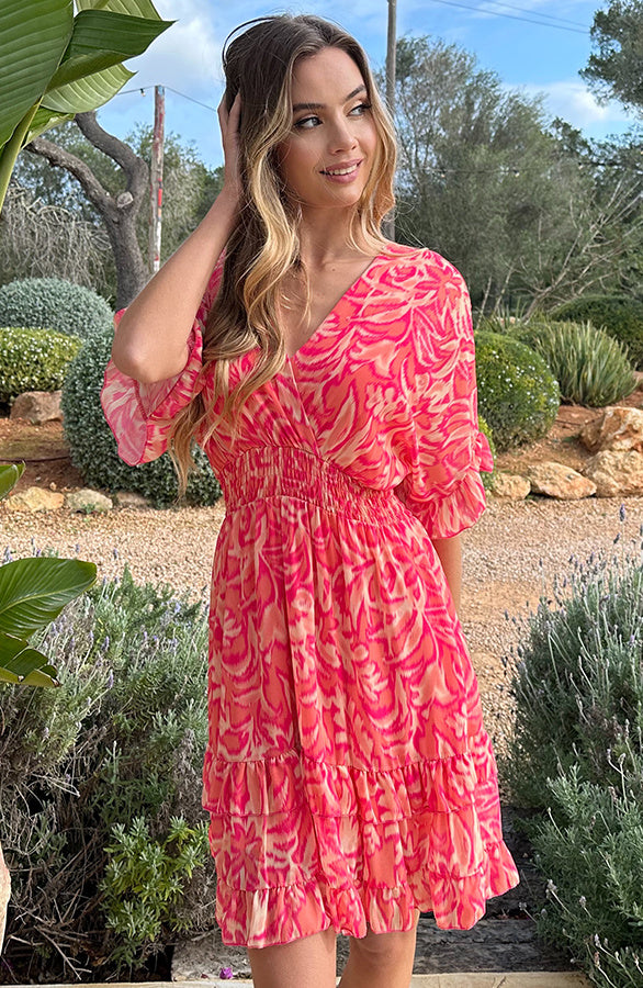 Marrit Coral Print Short Sleeve Midi Dress - Back View