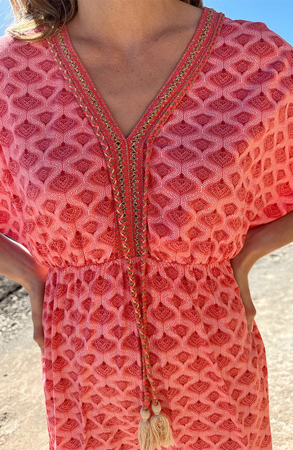 Maris Coral Lurex Print Pompom Sleeve Midi Dress - Side View