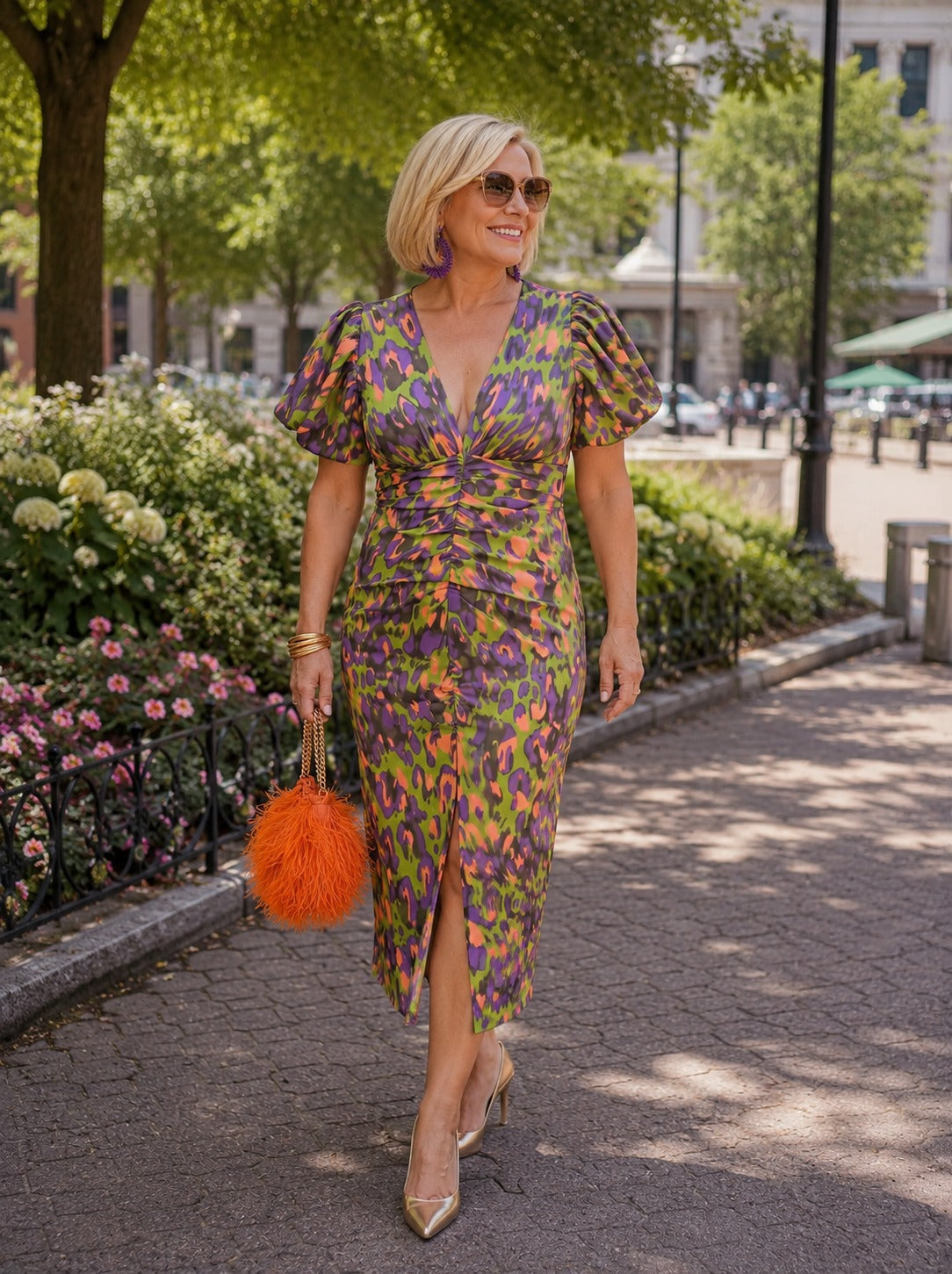 Carla Printed Puff Sleeve V-Neck Midi Dress | Norella Boutique Boston