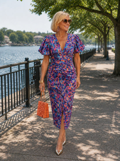 Carla Printed Puff Sleeve V-Neck Midi Dress | Norella Boutique Boston