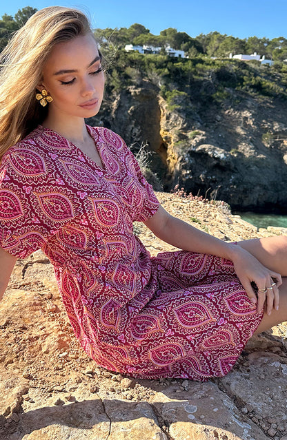 Fenna Red Print Wrap Midi Dress - Back View