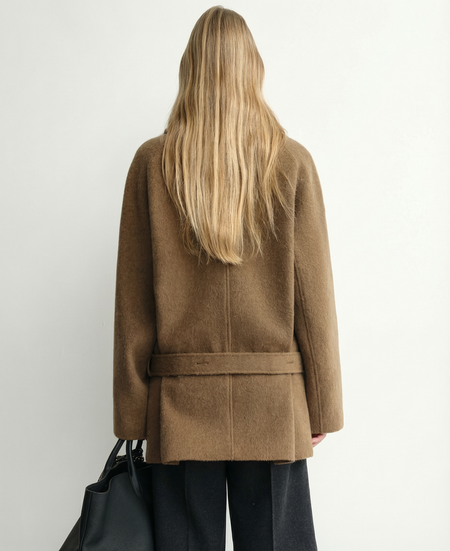 Camille | Alpaca Wool Shawl-Collar Coat | Double-Breasted Belted Short Coat with Detachable Fur Collar