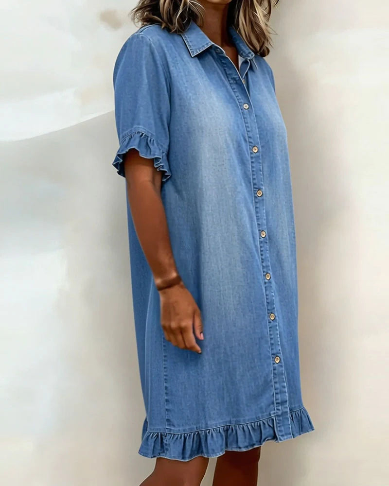 Delphine | Casual Denim Ruffle-Sleeve Button Dress