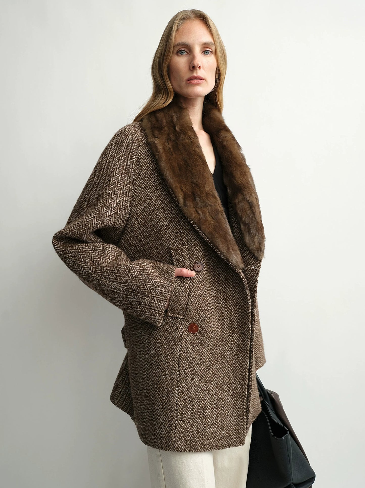 Camille | Alpaca Wool Shawl-Collar Coat | Double-Breasted Belted Short Coat with Detachable Fur Collar