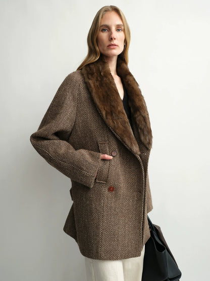 Camille | Alpaca Wool Shawl-Collar Coat | Double-Breasted Belted Short Coat with Detachable Fur Collar