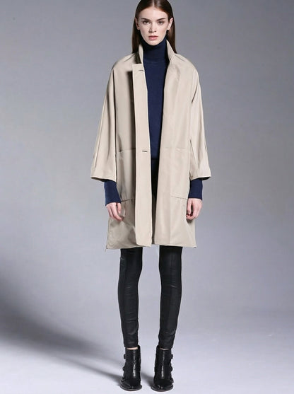 Simone | Mid-Length Beige Trench Coat | Stand-Collar Coat with Oversized Patch Pockets
