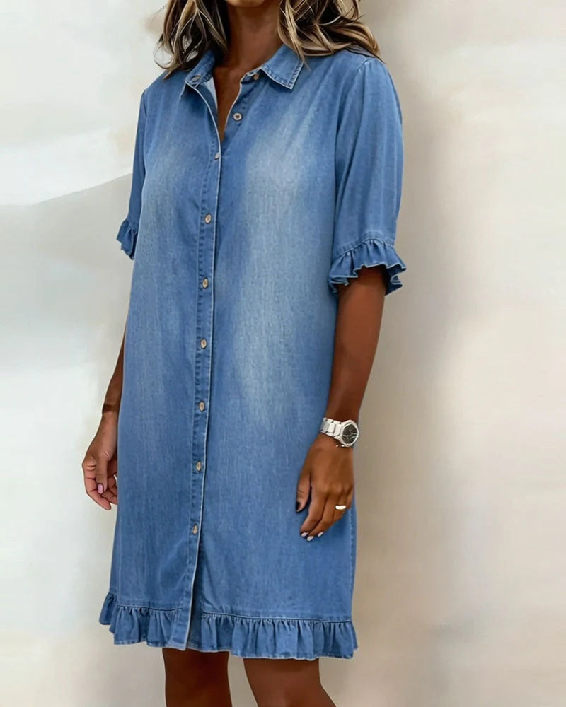 Delphine | Casual Denim Ruffle-Sleeve Button Dress