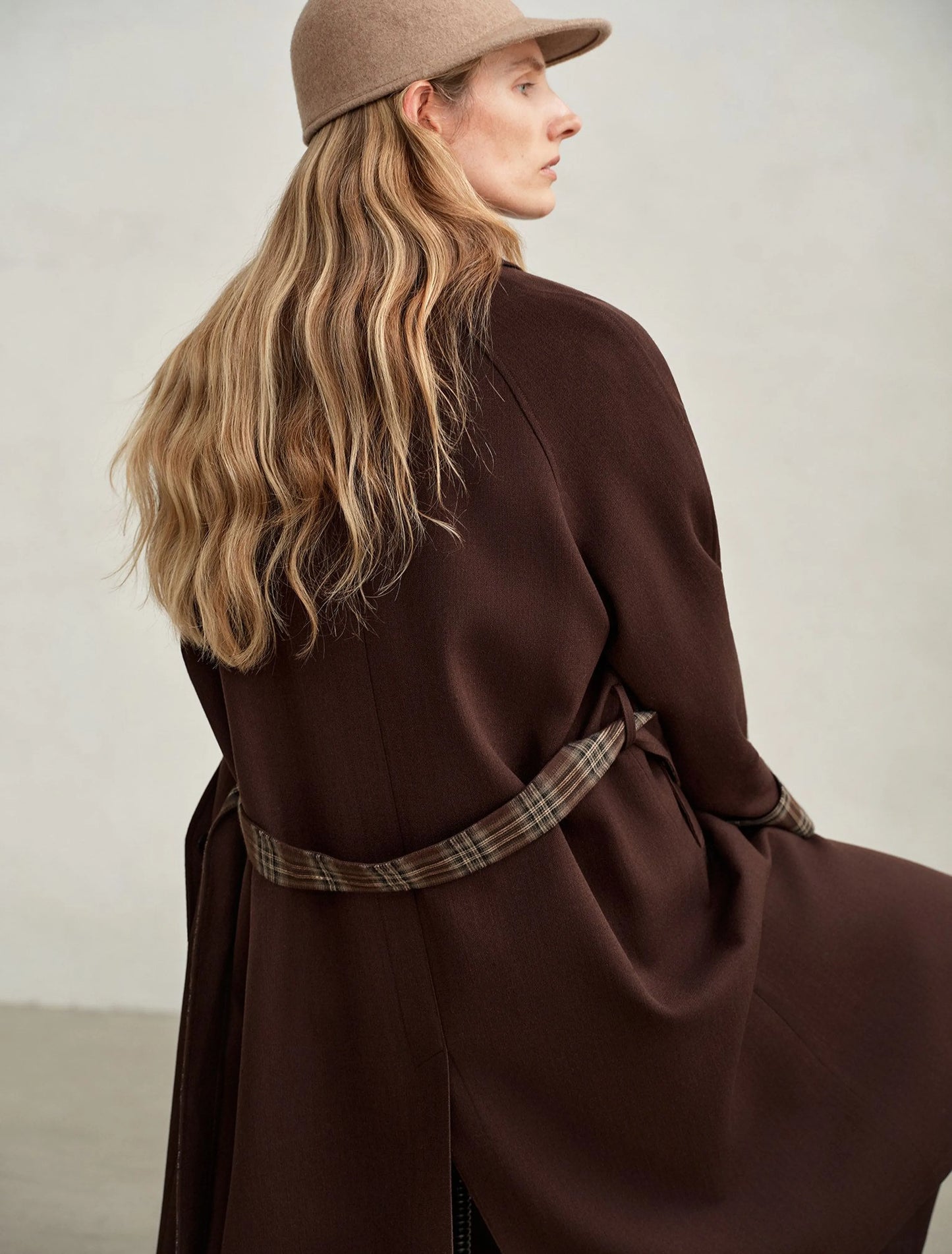 Vivienne | Merino Plaid-Cuff Long Coat | Single-Breasted Coat with Raglan Sleeves & Plaid Turn-Back Cuffs