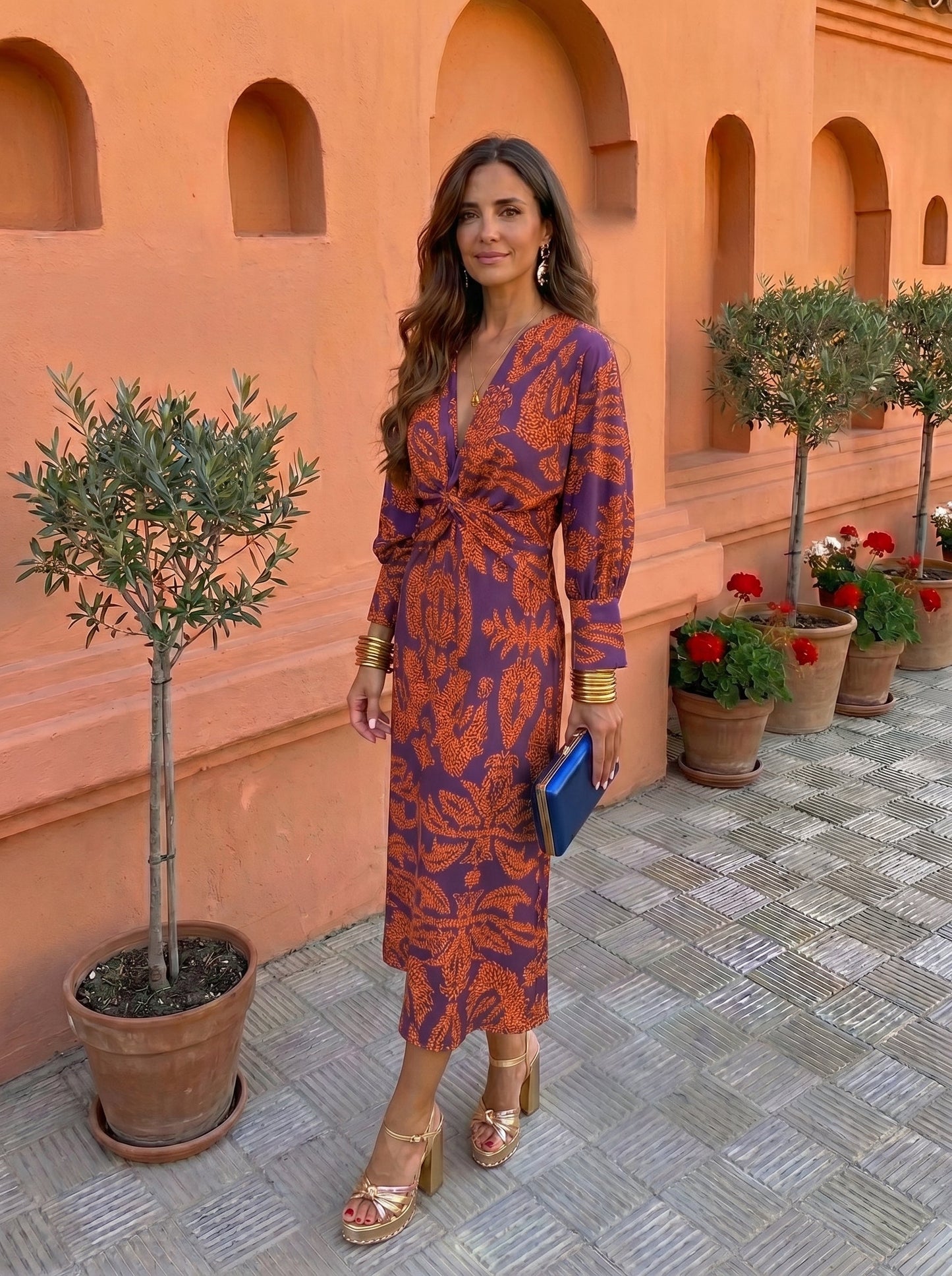 Silvia Artistic Print V-Neck Long Sleeve Midi Dress | Norella Boutique Boston