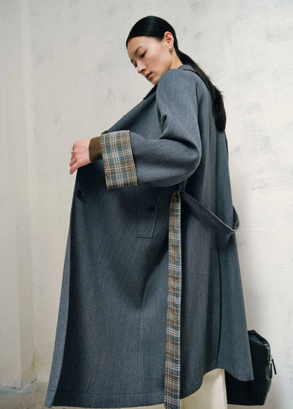 Vivienne | Merino Plaid-Cuff Long Coat | Single-Breasted Coat with Raglan Sleeves & Plaid Turn-Back Cuffs