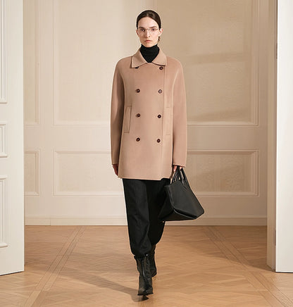 Isabella | Double-Breasted Merino Wool Coat | Mid-Thigh Coat with Notch Lapels & Horn Buttons